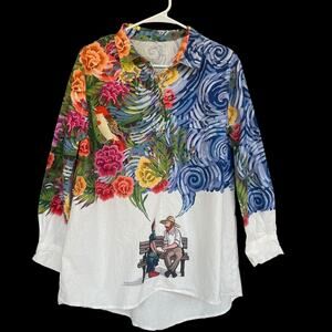 Art Print Button Down Shirt Womens Small Colorful Floral Birds Frida Van Gogh